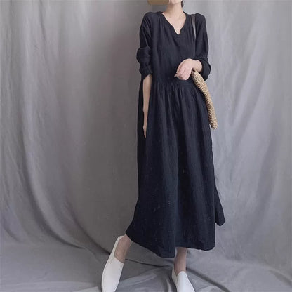 【ワンピース】森ガール風 ナチュラル 長袖ワンピース ゆったり 大きめシルエット フレアロングワンピ 体型カバー【JZシリーズ】