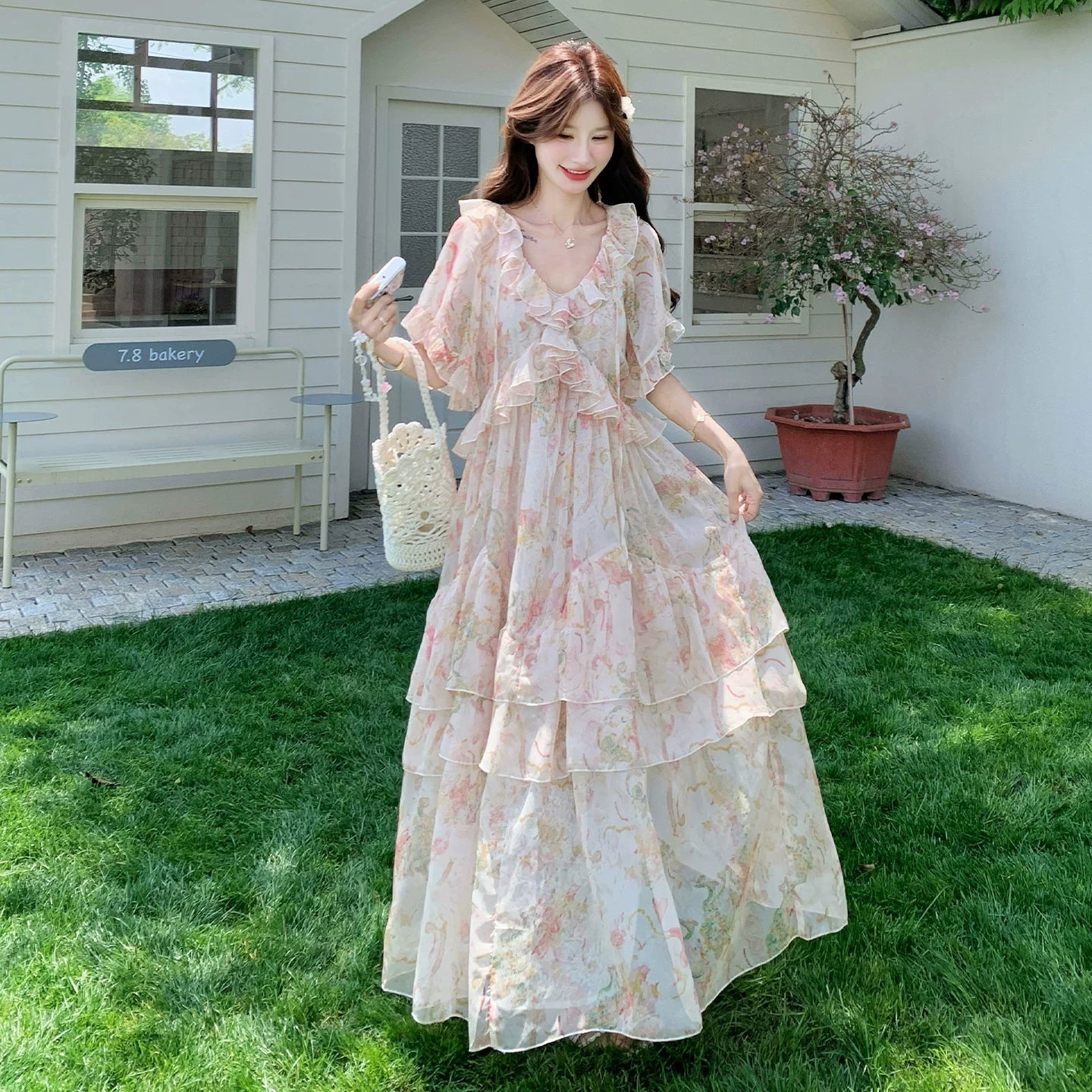 【ワンピース】大人可愛い 花柄ワンピース レディース 夏 ハイウエスト ロング丈 リゾート風 体型カバー 美シルエット【SHシリーズ】