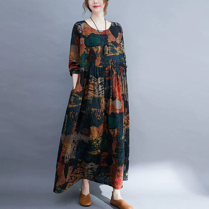 【ワンピース】花柄 大きいサイズ レトロ ラウンドネック 長袖 プリント ワンピース 春秋新作ドレス【SHシリーズ】