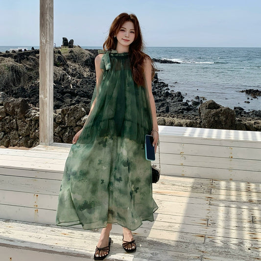 【ワンピース】夏新作  リラックス感漂うリゾートロングドレス 切り替え ノースリーブワンピース【SHシリーズ】