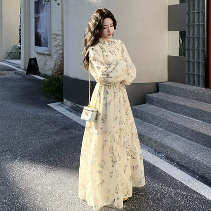 【ワンピース】ロマンチック フレンチ プリント ヘプバーン風 着痩せ 長袖ワンピース【SHシリーズ】