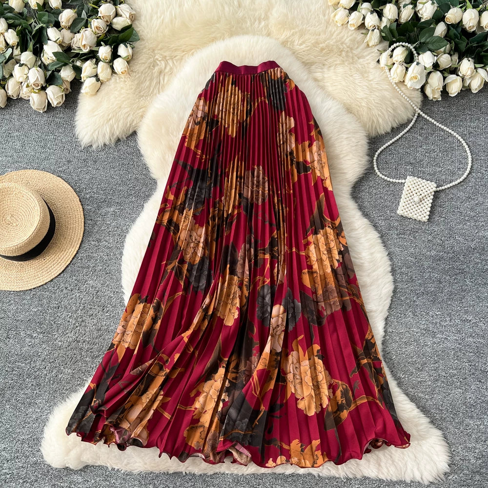 期間限定🍂60%OFF【ボトムス】レトロプリントAラインプリーツロングスカート レディース ハイウエスト 個性派デザイン きれいめ 通勤 大人っぽい【SHシリーズ】