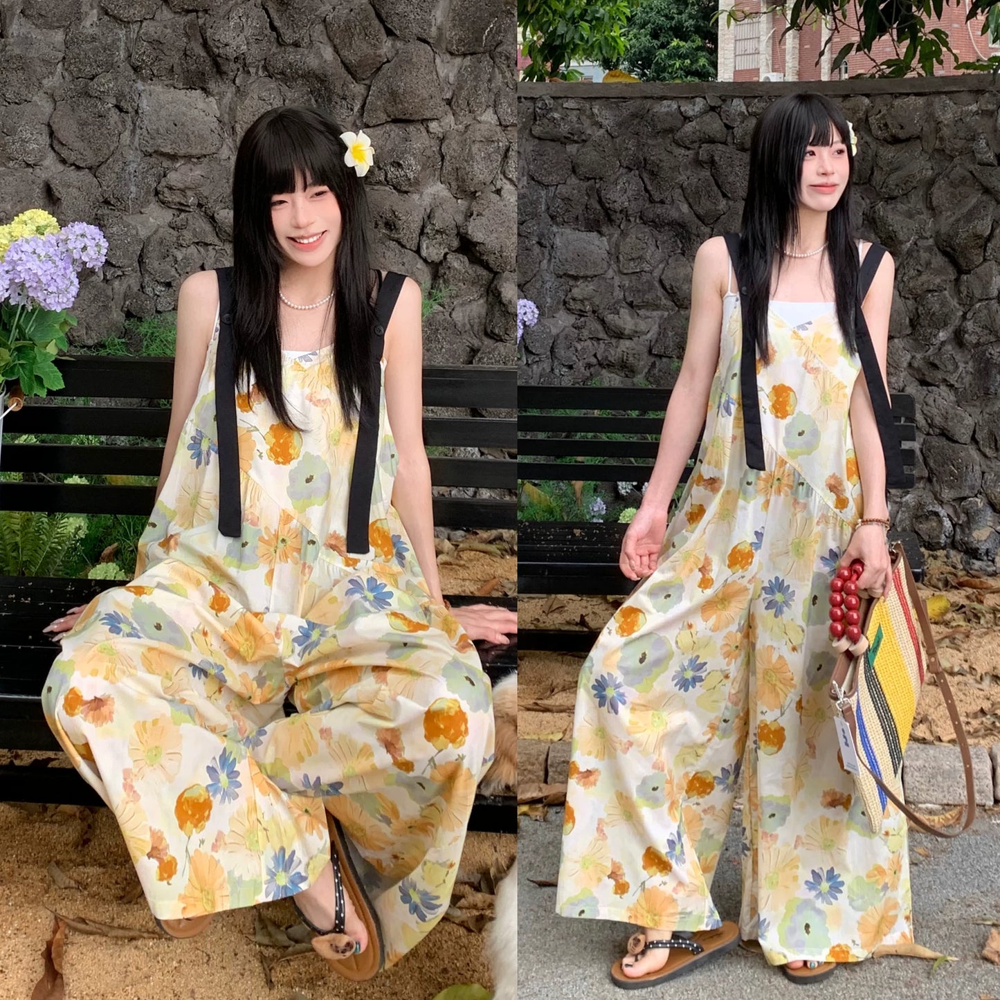 【ボトムス】水彩プリント サロペット レディース 夏 ワイドパンツ ゆったり 体型カバー オールインワン リラックスコーデ 人気【SHシリーズ】