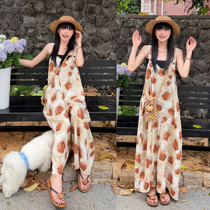【ボトムス】ローズプリント サロペット レディース 夏 Vネック ワイドパンツ ゆったり 体型カバー オールインワン 人気 リラックスコーデ【SHシリーズ】