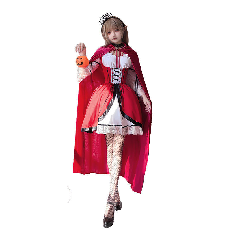 【ハロウィン】大人用赤ずきんコスプレ・ワンピース・マント付き・メイド風・赤いロングドレス