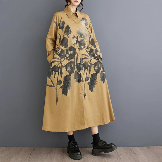 【60%OFF⭐️早い者勝ち】【ワンピース】プリント切替 シャツワンピース 長袖 ゆったり 大きいサイズ カジュアル レディース【SHシリーズ】