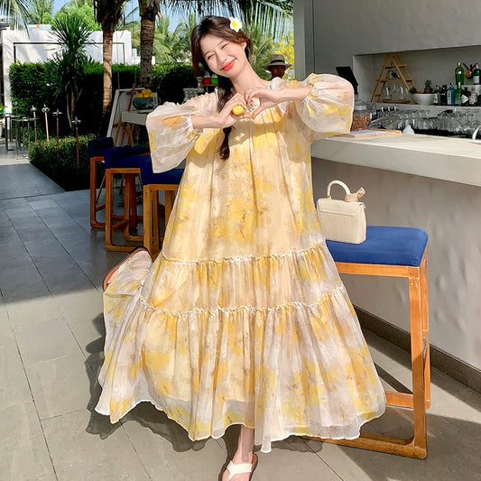 【ワンピース】花柄 長袖ワンピース  レディース 高級感 細見え リゾート風 フェミニン ロングビーチドレス【SHシリーズ】