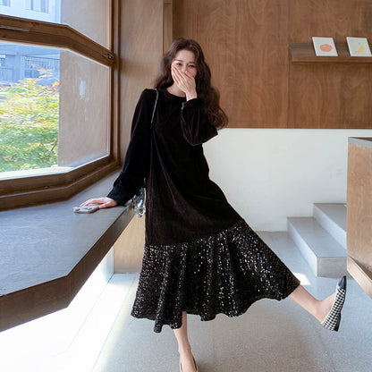 【ワンピース】オードリー風 ベロア 春 秋 冬 スパンコール 長袖 ワンピース【JZシリーズ】
