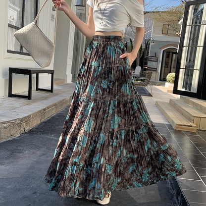 【ボトムス】プリーツ＆花柄 スカート レディース ポケット付き Aライン フレア ミディ丈 ケーキスカート【SHシリーズ】