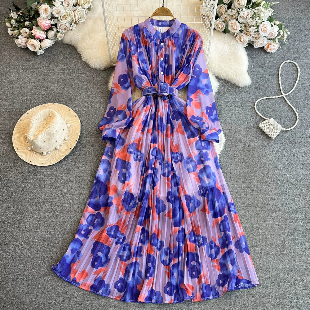 期間限定⭐60%OFF【ワンピース】美人見え確定✨ クラシック 花柄 プリーツ 長袖ワンピース｜高見え立襟＆ウエストマークで細見え【SHシリーズ】