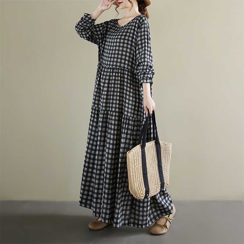 【ワンピース】春 秋 冬 大きいサイズ プリーツ チェック 長袖 ワンピース 【JZシリーズ】