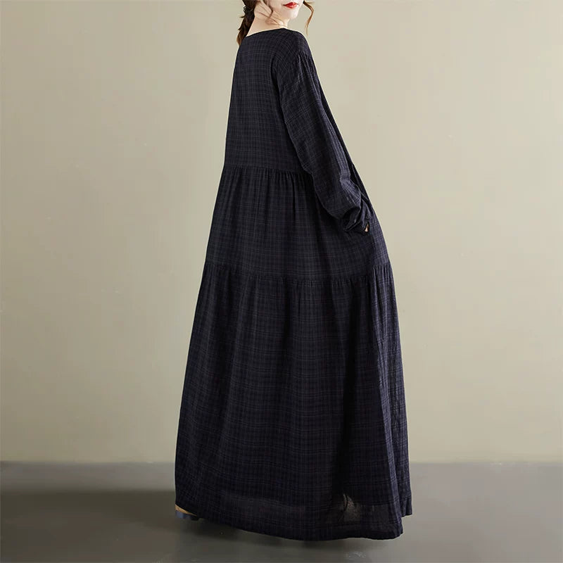 【60%OFF⭐️早い者勝ち】【ワンピース】レトロ  ラウンドネック 長袖 ワンピース ゆったり 体型カバー 大きいサイズ【AHシリーズ】