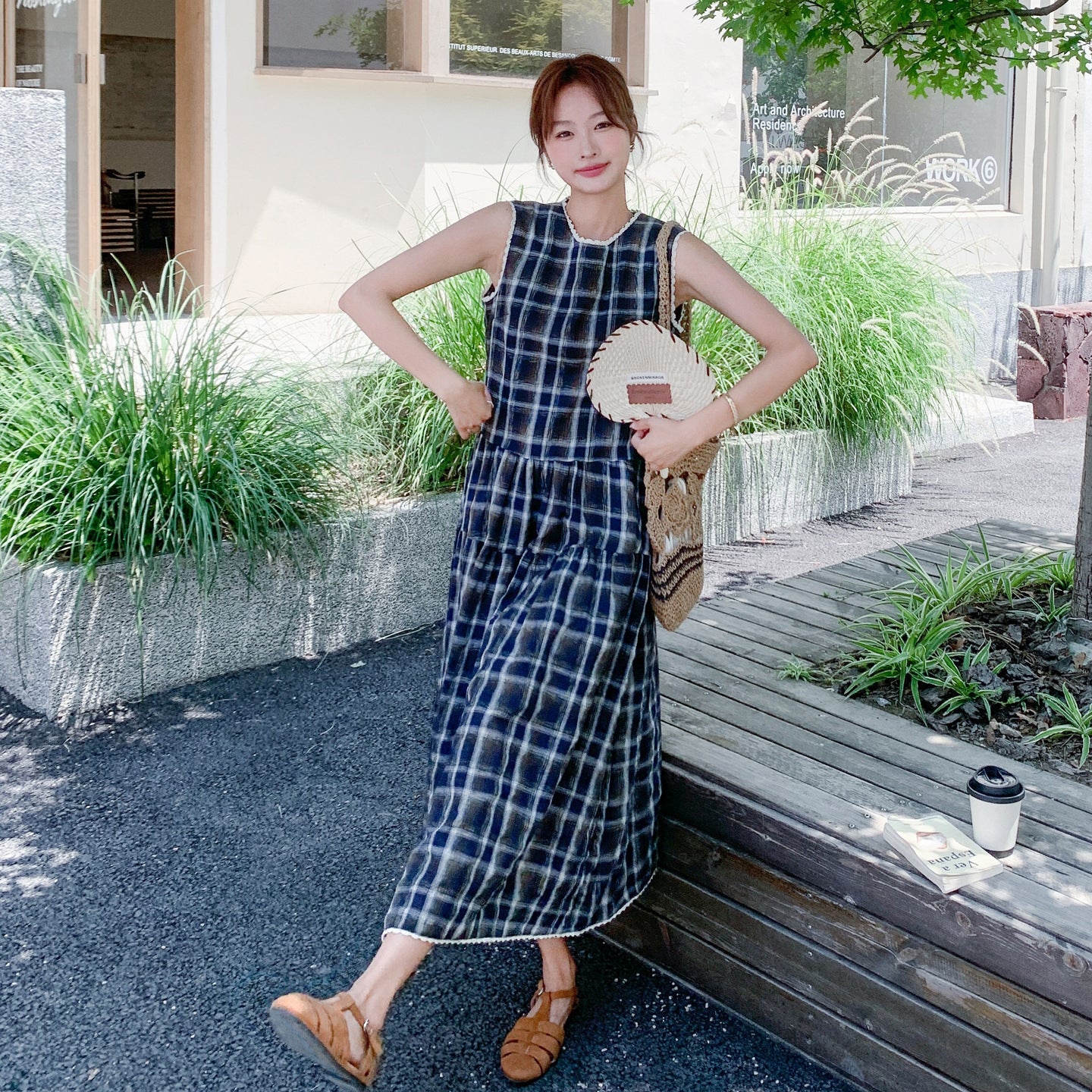 【ワンピース】フレンチリラックス感 カジュアルで細見え 気質 レトロチェック ノースリーブワンピース【SHシリーズ】