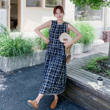 【ワンピース】フレンチリラックス感 カジュアルで細見え 気質 レトロチェック ノースリーブワンピース【SHシリーズ】