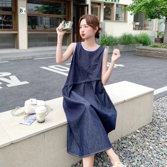 【ワンピース】フレンチカジュアル デニムワンピース レディース 夏 ノースリーブ ロングワンピース 上品【JZシリーズ】