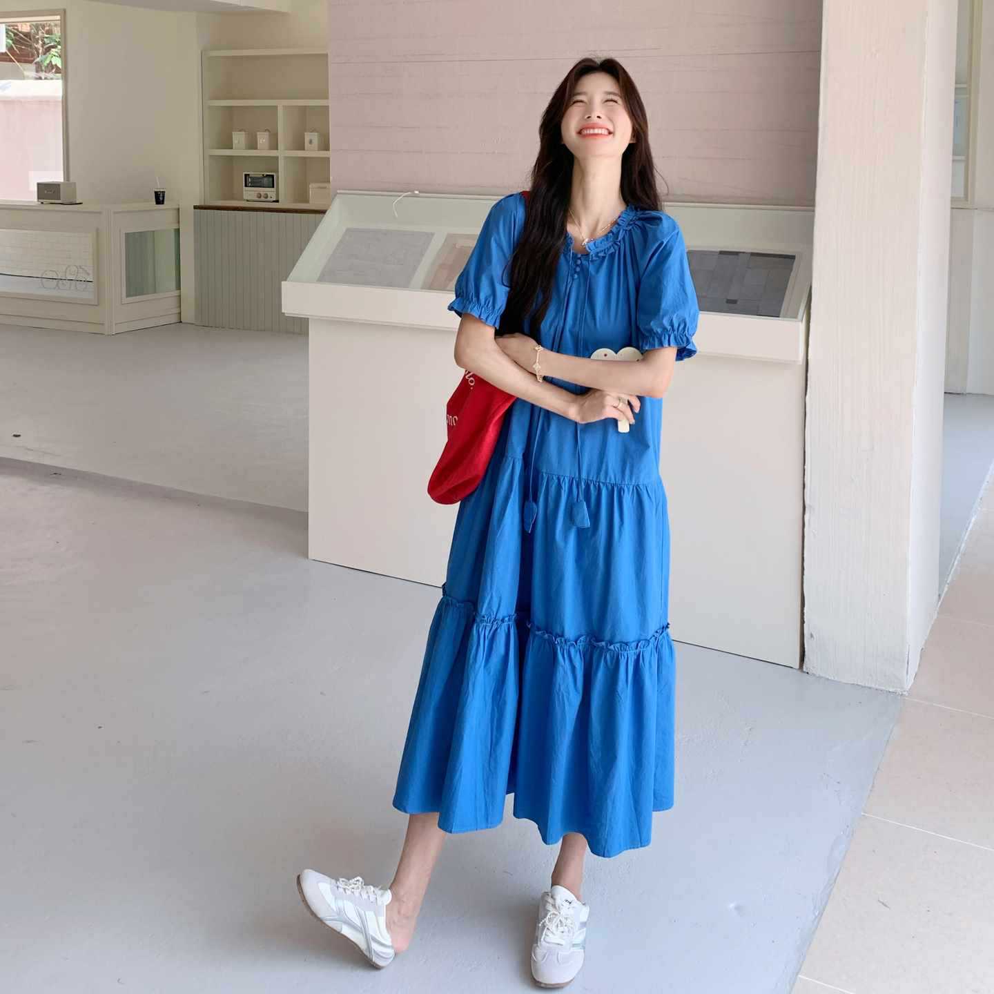 【ワンピース】高級感 パフスリーブ 夏 韓国風 ゆったり 細見え 半袖ワンピース