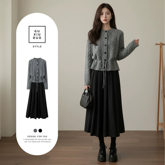【セットアップ】春 秋 冬  ニットカーディガン + スカート 2点上下セット 【JZシリーズ】