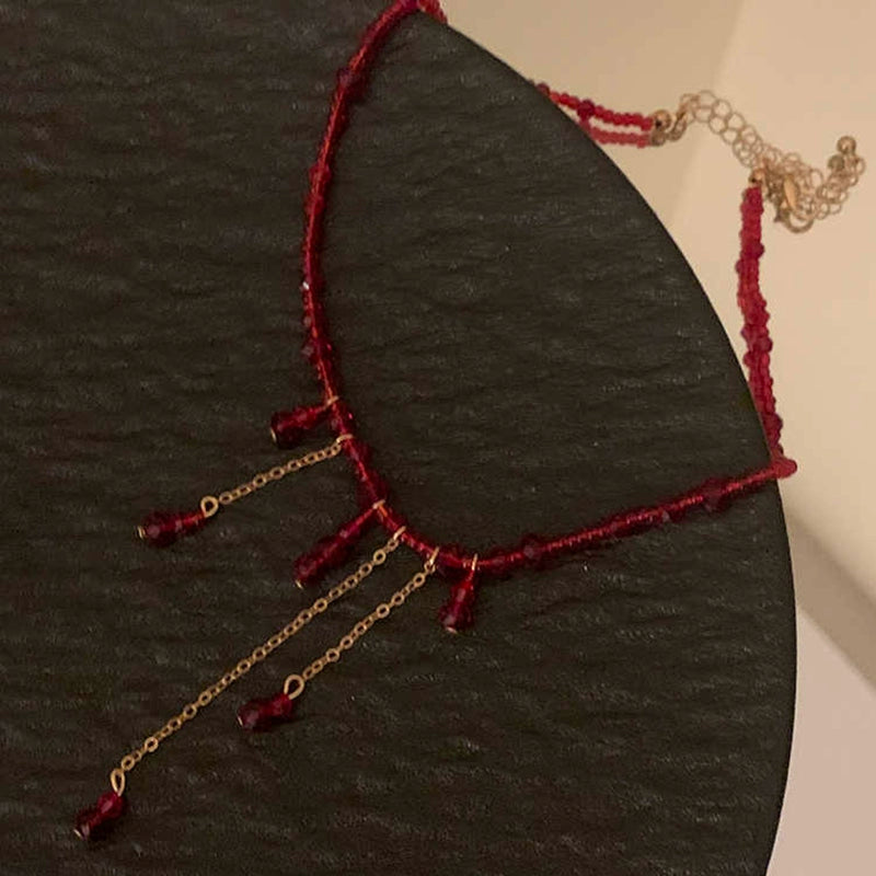 【ハロウィン】ゴシック風 レッドドロップ ビーズチョーカー アンティーク調 フリンジネックレス