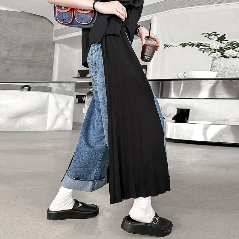 【ボトムス】レトロ香港風 バイカラー切替 プリーツデニムパンツ レディース 夏 ストレートパンツ 九分丈 ゆったり カジュアル【AHシリーズ】