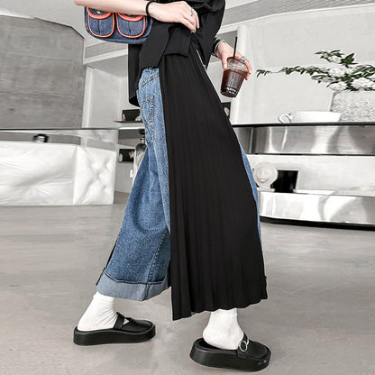 【ボトムス】レトロ香港風 バイカラー切替 プリーツデニムパンツ レディース 夏 ストレートパンツ 九分丈 ゆったり カジュアル【AHシリーズ】