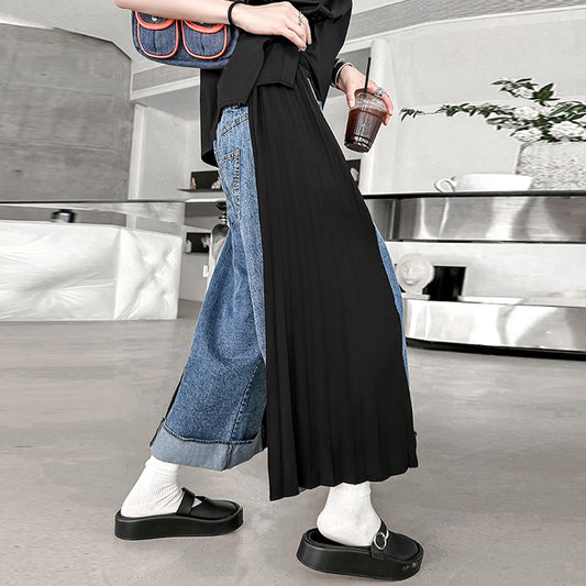 【ボトムス】レトロ香港風 バイカラー切替 プリーツデニムパンツ レディース 夏 ストレートパンツ 九分丈 ゆったり カジュアル【AHシリーズ】