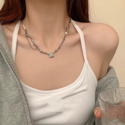 【グッズ】バロック風パールジルコニアネックレス レディース 不規則デザイン 高級感 夏アクセサリー