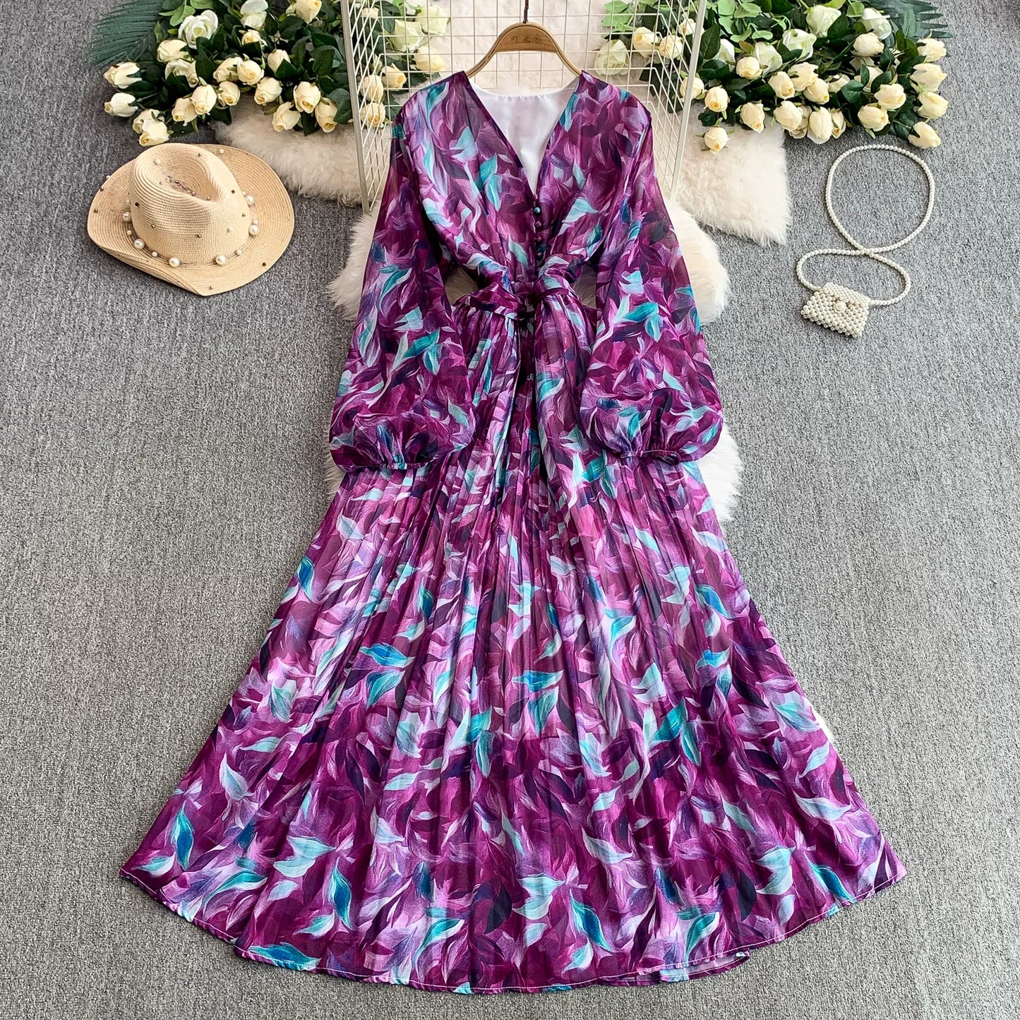 【ワンピース】大人フェミニン♡フレンチレトロ 長袖 花柄ワンピース｜ウエストマーク＆パフスリーブで細見え【SHシリーズ】