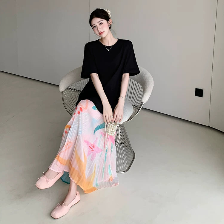 【ワンピース】ゆるっと着るだけで細見え✨大きいサイズ ロングワンピース 半袖 プリーツ裾 切り替えデザイン リゾート風 夏ワンピ【SHシリーズ】