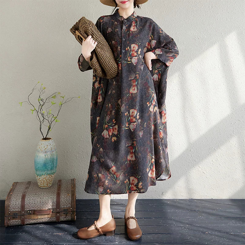 7カラー【ワンピース】気質 文芸風 レトロ コットンリネン 花柄 立襟 ゆったり 超ロング 大きいサイズ レディース 長袖リゾートワンピース【SHシリーズ】