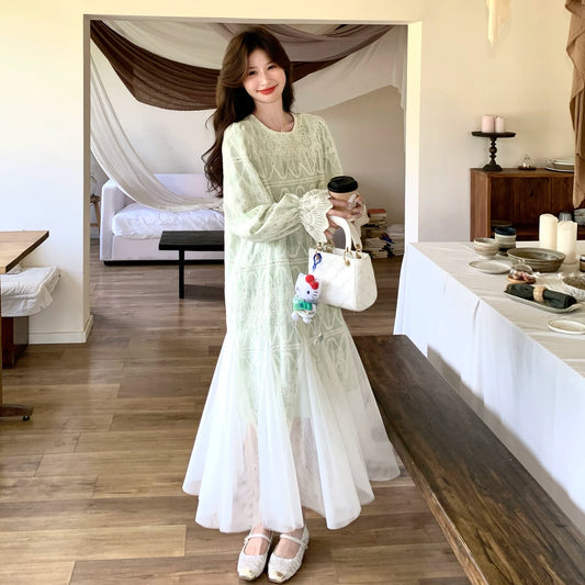 春カラー 大人気おすすめ色✨【ワンピース】チュール切替 刺繍ワンピース レディース 長袖 ゆったりシルエット 体型カバー 着痩せ ロング丈 韓国風ワンピース【SHシリーズ】