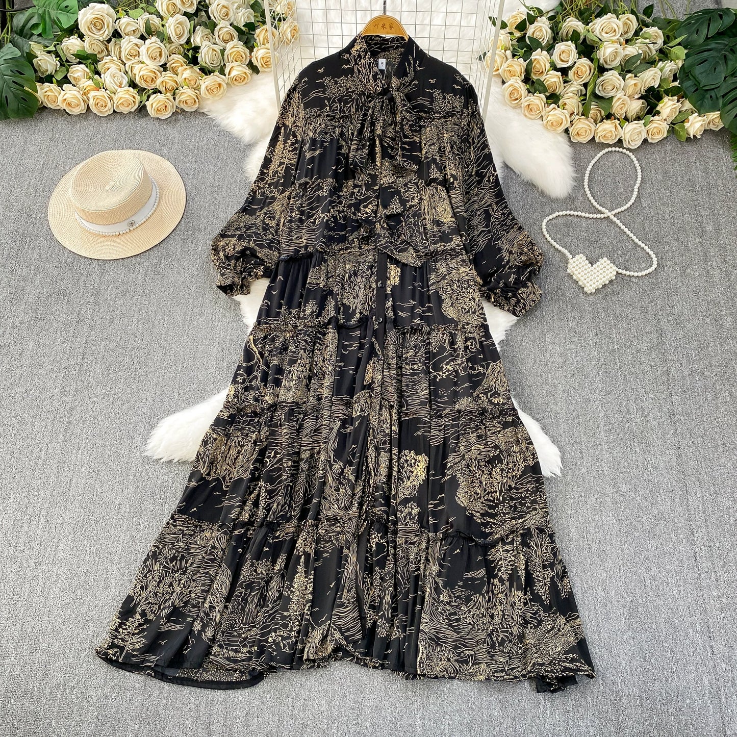 【ワンピース】プリントVネック お腹周りカバー フリル 長袖 ワンピース 【SHシリーズ】