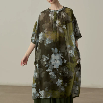 【トップス】シャツ レディース 水墨花柄 シフォン ロングシャツ 長袖 UVカット 羽織り ゆったり【JZシリーズ】【SHシリーズ】【10～15日内発送】