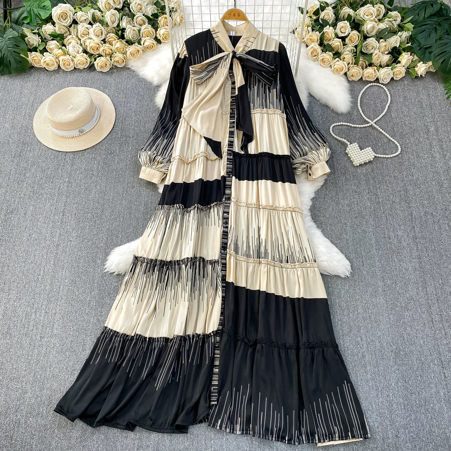 【ワンピース】プリントVネック お腹周りカバー フリル 長袖 ワンピース 【SHシリーズ】