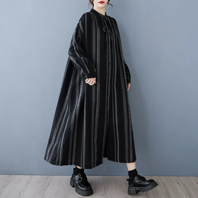 【ワンピース】個性派ストライプシャツワンピース レディース 春秋新作 コットンリネン風 ゆったり 大きいサイズ ベルト付き【JZシリーズ】