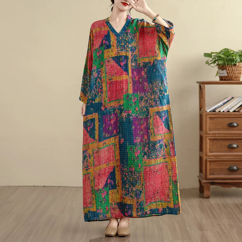 【60%OFF⭐️早い者勝ち】【ワンピース】大きいサイズ 花柄 リゾート風 Vネック レトロ 長袖ワンピース 体型カバー【SHシリーズ】