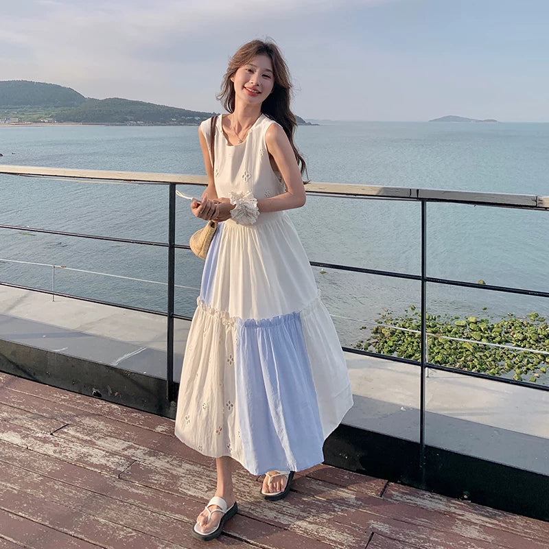 【ワンピース】配色 フリル ノースリーブワンピース レディース 夏 ロングワンピース ゆったり 体型カバー 人気 フレンチ風【SHシリーズ】