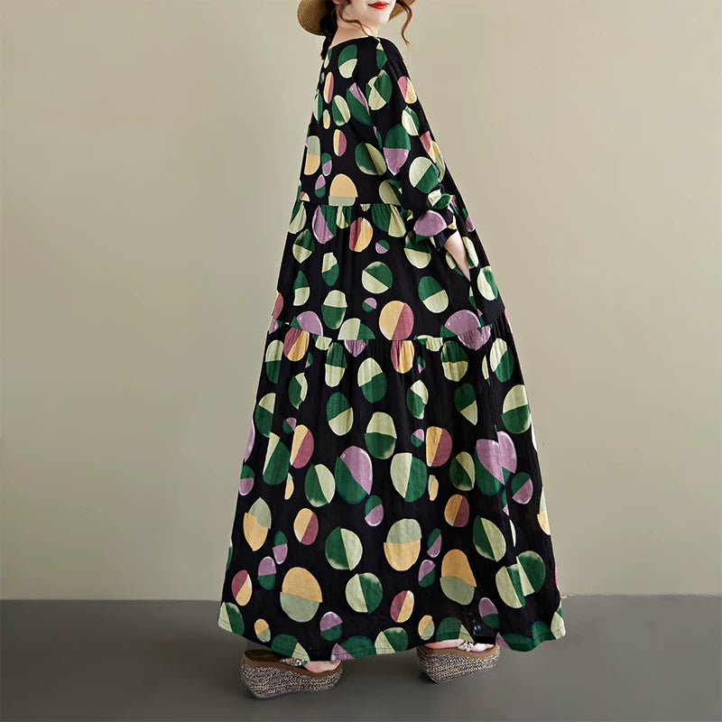 【ワンピース】ドット柄 クルーネック 長袖ワンピース ゆったり 大きいサイズ ボヘミアン リゾート風【SHシリーズ】