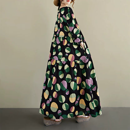 【ワンピース】ドット柄 クルーネック 長袖ワンピース ゆったり 大きいサイズ ボヘミアン リゾート風【SHシリーズ】