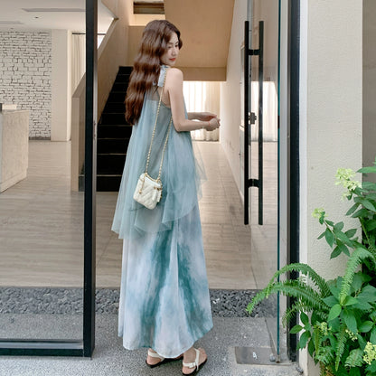 【ワンピース】夏  フレンチ風 タイダイ柄 森系 メッシュパッチワーク ノースリーブワンピース【SHシリーズ】