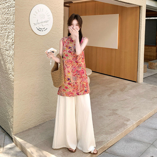 2点セット！【セットアップ】夏 高級感 刺繍フラワー ノースリーブタンクトップ＋ワイドパンツ 上下セット【SHシリーズ】