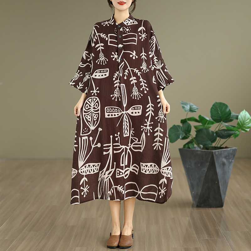 【ワンピース】春 秋 冬 レトロ プリント 花柄 ルーズ ワンピース 【SHシリーズ】