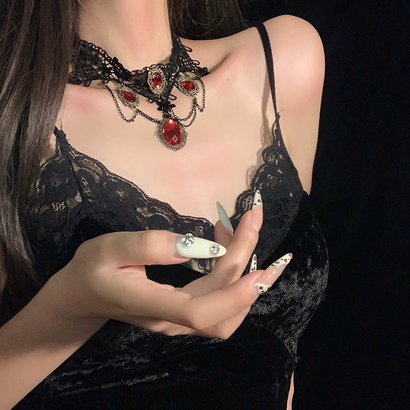 【ハロウィン】ゴシック風 レースチョーカー ダークレッド宝石 フリンジネックレス アクセサリー