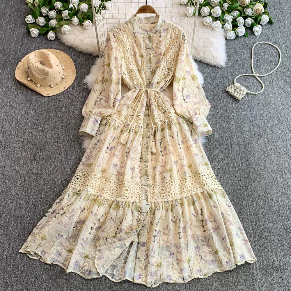 【ワンピース】主役級ワンピ✨ 春の贅沢レース 刺繍ドレス 長袖ワンピース｜ウエストマークで驚きのスタイルアップ【SHシリーズ】