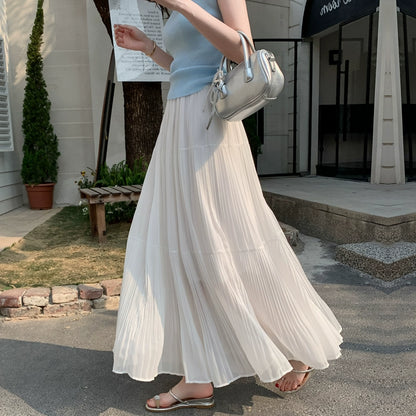 【ボトムス】ドレープ感 ハイウエスト フレアAライン シフォン ケーキプリーツスカート【JZシリーズ】