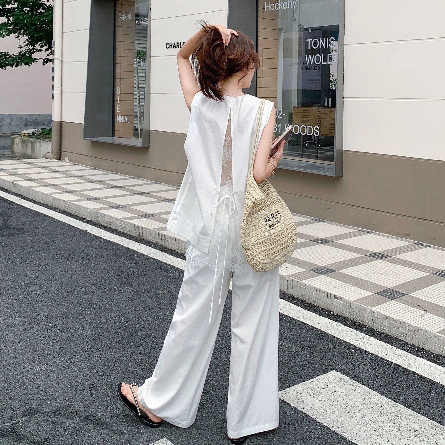 2点セット！【セットアップ】夏 通勤 レース切替 バックレス ベスト＋ワイドパンツ 上下セット【JZシリーズ】【SNシリーズ】