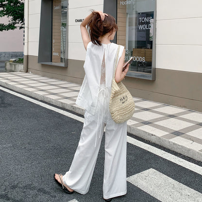 2点セット！【セットアップ】夏 通勤 レース切替 バックレス ベスト＋ワイドパンツ 上下セット【JZシリーズ】【SNシリーズ】