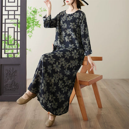 【ワンピース】花柄 クルーネック 長袖 ゆるシルエット 大きいサイズ リゾートワンピース【SHシリーズ】