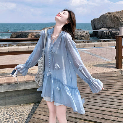 2点セット！【セットアップ】リゾート風 立体フラワー UVカット 長袖トップス＋ショートパンツ 上下セット【SHシリーズ】