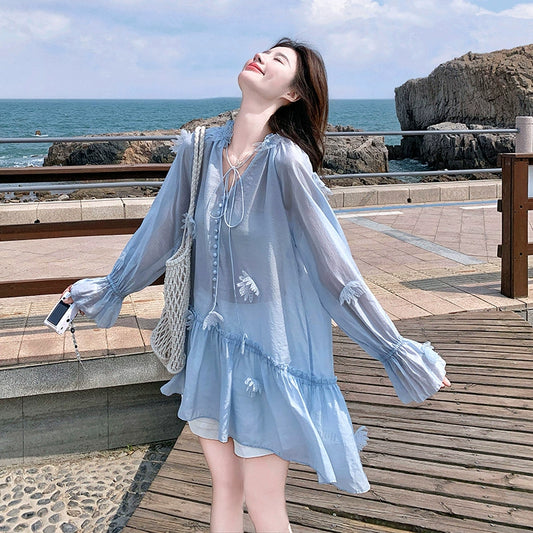 2点セット！【セットアップ】リゾート風 立体フラワー UVカット 長袖トップス＋ショートパンツ 上下セット【SHシリーズ】