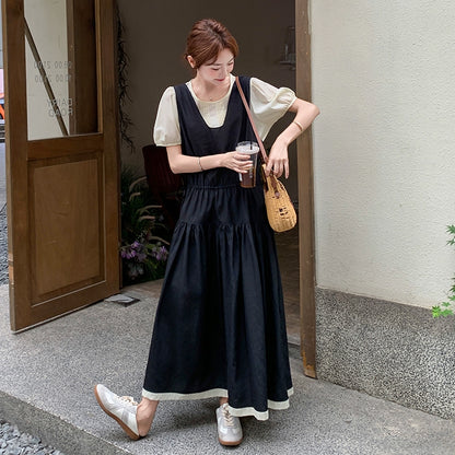 2点セット！【セットアップ】夏人気 若見えコーデ サロペットワンピース＋トップス 2点セット レディース フレンチ風 上品ロング丈セットアップ【JZシリーズ】